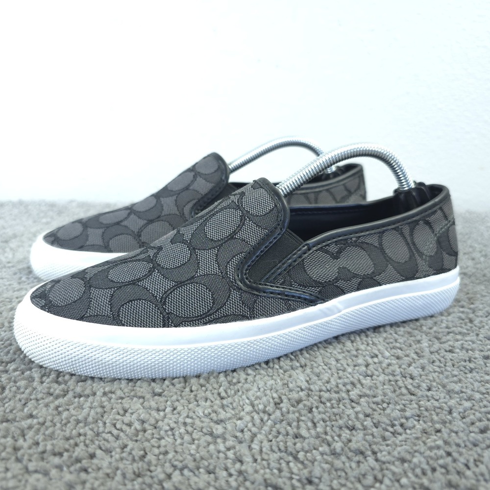 Coach Chrissy Womens 7.5 Slip On Shoes Black Gray Signature Logo Sneakers